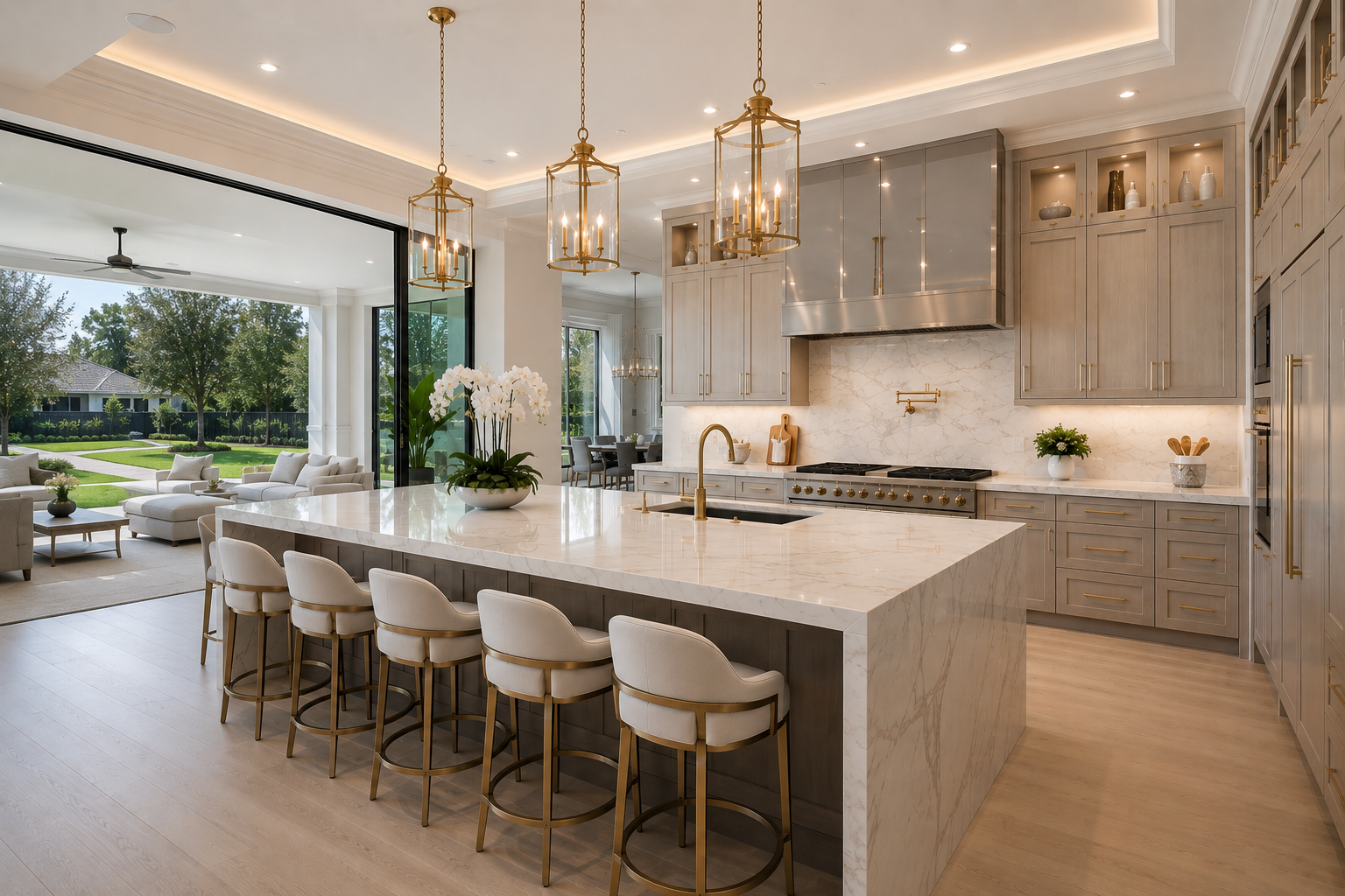 Gourmet kitchen marble island gold fixtures